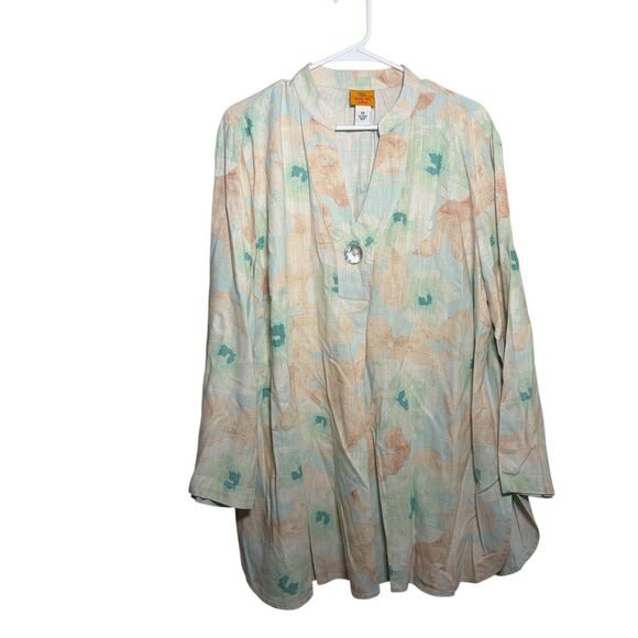 Ruby Rd Blouse Women's 1X V-Neck 3/4 Sleeve Popover Linen Blend Colorful Top - Picture 1 of 9